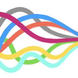 A group of ribbons in different colors converges into a single arrow pointing to the right